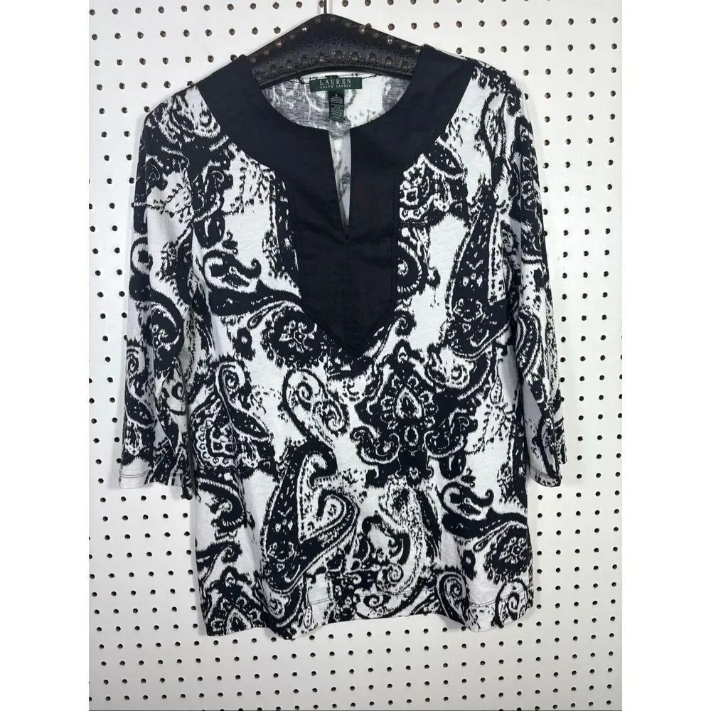 Lauren Ralph Lauren Paisley Tunic Top V Neck 3/4 Sleeve size S